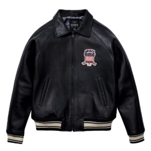 Avirex Men's Bomber Leather Jacket Premium Cowhide(JET BLACK)